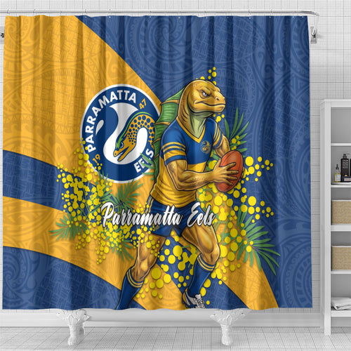 Parramatta Eels Shower Curtain Golden Wattle Floral Polynesian - Australian Flower - Rugby Mascot
