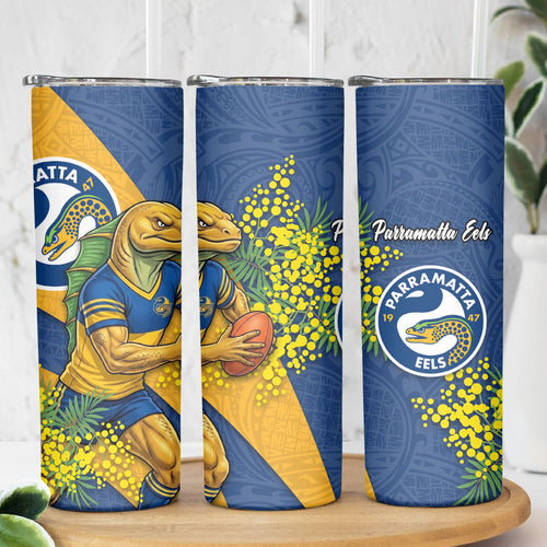 Parramatta Eels Skinny Tumbler Golden Wattle Floral Polynesian - Australian Flower - Rugby Mascot