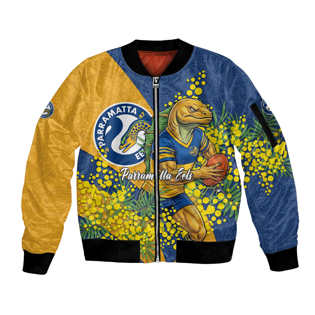 Parramatta Eels Sleeve Zip Bomber Jacket Golden Wattle Floral Polynesian - Australian Flower - Rugby Mascot