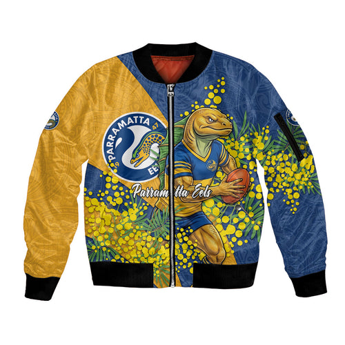 Parramatta Eels Sleeve Zip Bomber Jacket Golden Wattle Floral Polynesian - Australian Flower - Rugby Mascot