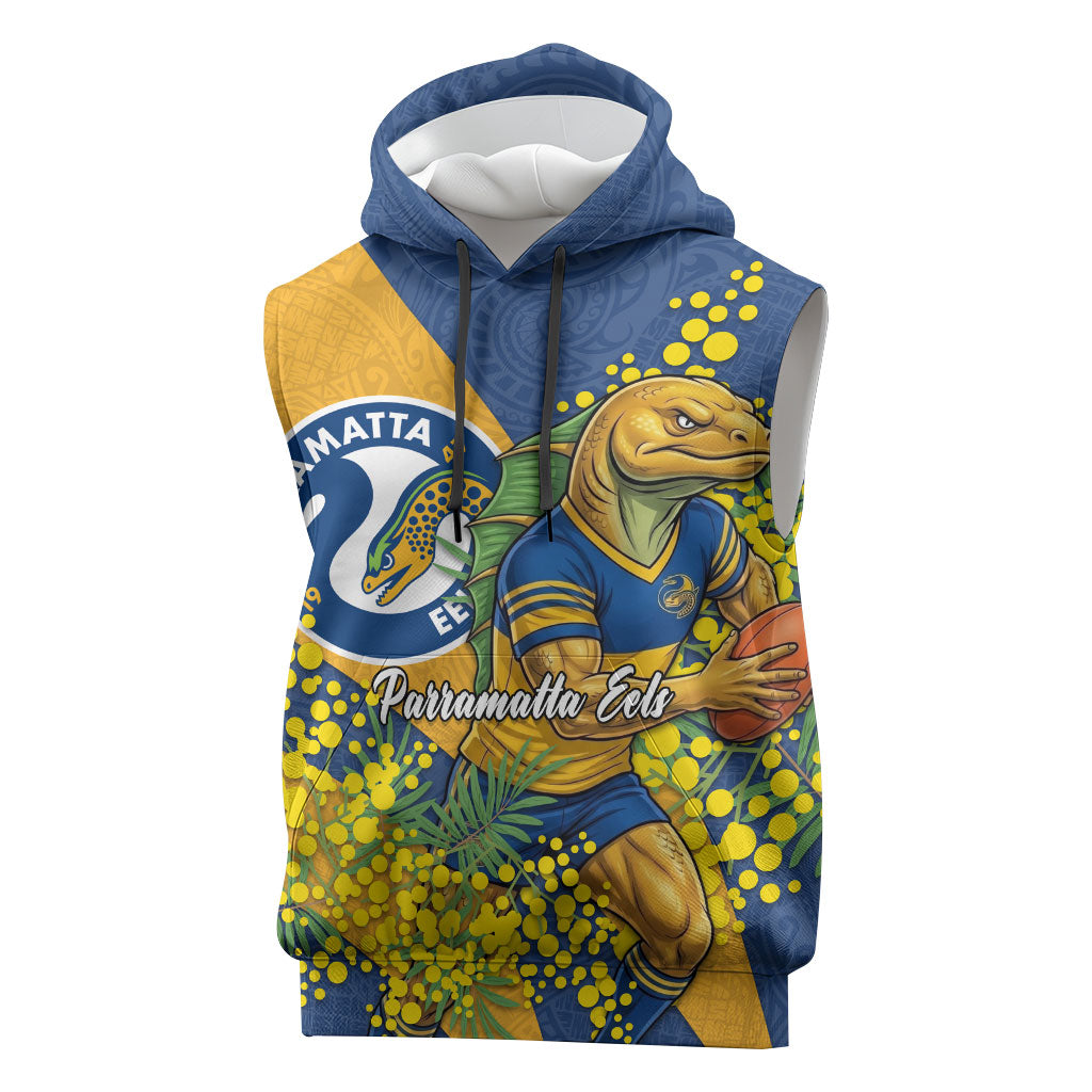Parramatta Eels Sleeveless Hoodie Golden Wattle Floral Polynesian - Australian Flower - Rugby Mascot