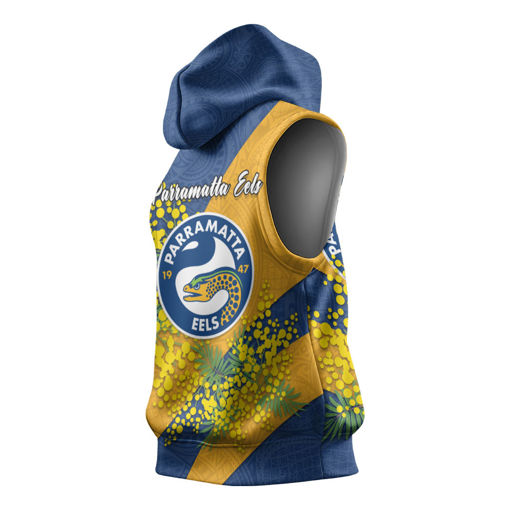 Parramatta Eels Sleeveless Hoodie Golden Wattle Floral Polynesian - Australian Flower - Rugby Mascot