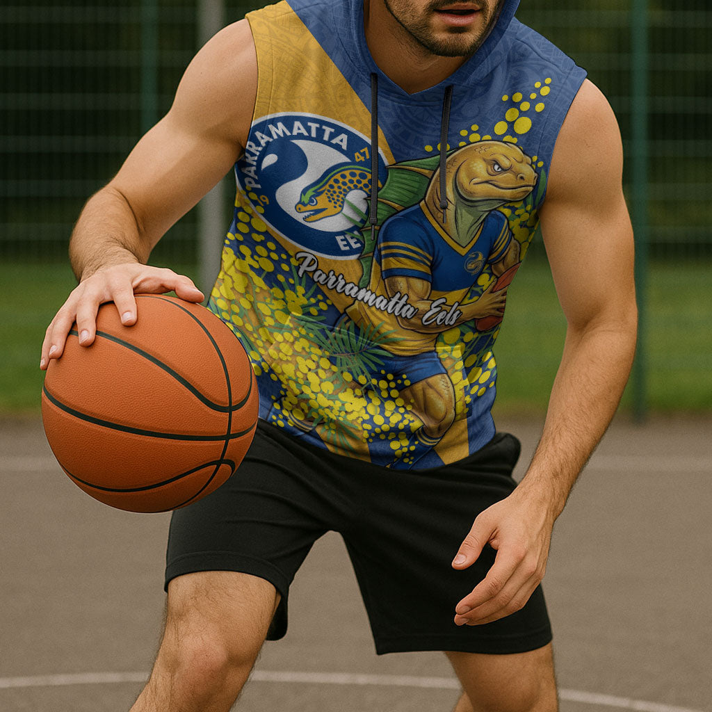 Parramatta Eels Sleeveless Hoodie Golden Wattle Floral Polynesian - Australian Flower - Rugby Mascot