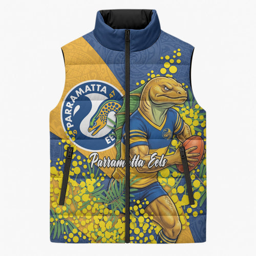 Parramatta Eels Sleeveless Puffer Jacket Golden Wattle Floral Polynesian - Australian Flower - Rugby Mascot