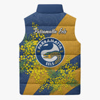 Parramatta Eels Sleeveless Puffer Jacket Golden Wattle Floral Polynesian - Australian Flower - Rugby Mascot