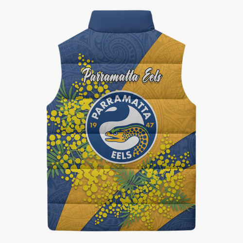 Parramatta Eels Sleeveless Puffer Jacket Golden Wattle Floral Polynesian - Australian Flower - Rugby Mascot