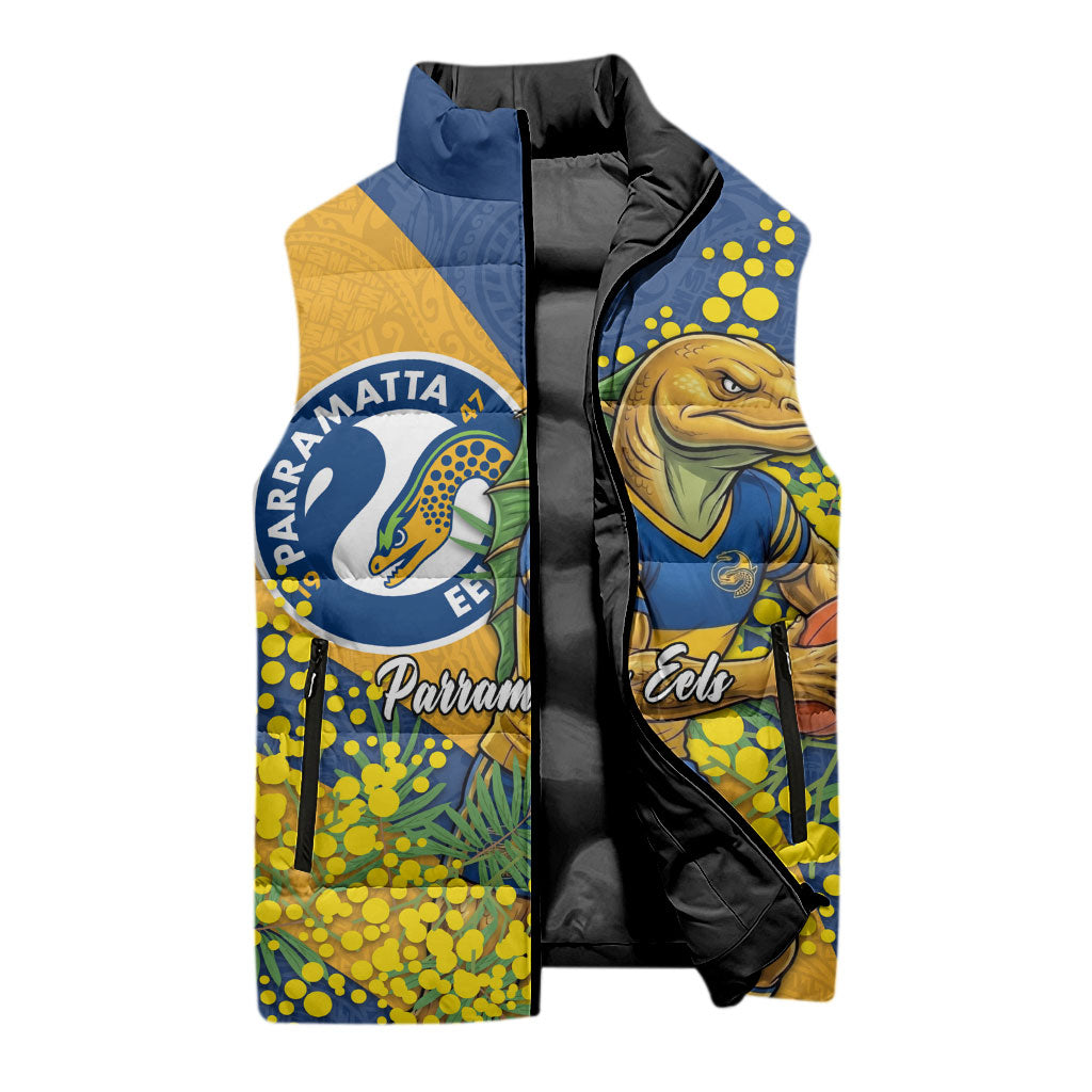 Parramatta Eels Sleeveless Puffer Jacket Golden Wattle Floral Polynesian - Australian Flower - Rugby Mascot