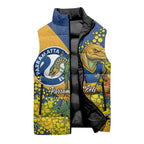 Parramatta Eels Sleeveless Puffer Jacket Golden Wattle Floral Polynesian - Australian Flower - Rugby Mascot