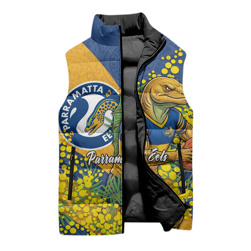 Parramatta Eels Sleeveless Puffer Jacket Golden Wattle Floral Polynesian - Australian Flower - Rugby Mascot