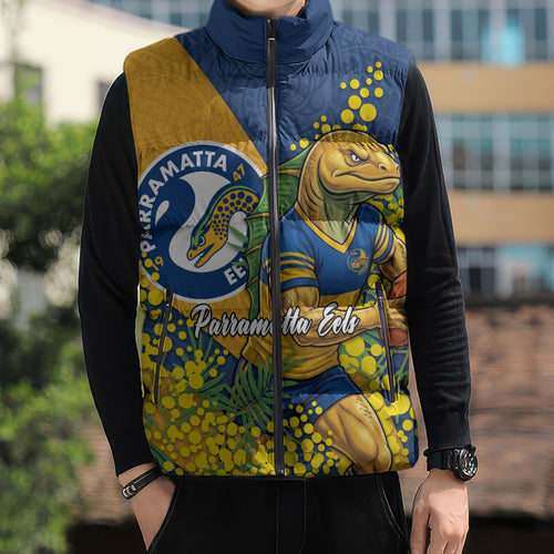 Parramatta Eels Sleeveless Puffer Jacket Golden Wattle Floral Polynesian - Australian Flower - Rugby Mascot