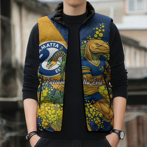 Parramatta Eels Sleeveless Puffer Jacket Golden Wattle Floral Polynesian - Australian Flower - Rugby Mascot