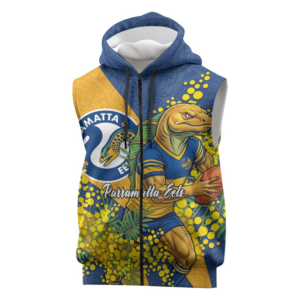 Parramatta Eels Sleeveless Zip Hoodie Golden Wattle Floral Polynesian - Australian Flower - Rugby Mascot