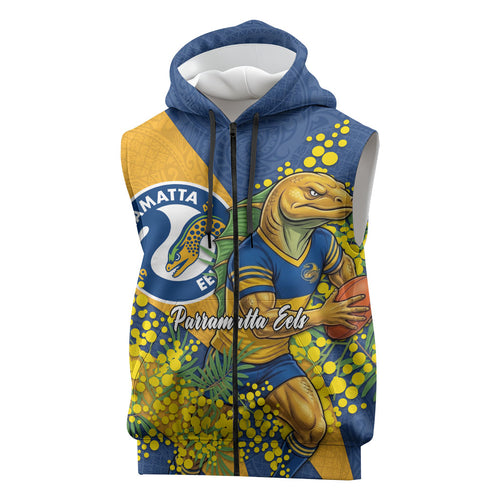 Parramatta Eels Sleeveless Zip Hoodie Golden Wattle Floral Polynesian - Australian Flower - Rugby Mascot
