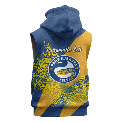 Parramatta Eels Sleeveless Zip Hoodie Golden Wattle Floral Polynesian - Australian Flower - Rugby Mascot