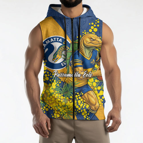 Parramatta Eels Sleeveless Zip Hoodie Golden Wattle Floral Polynesian - Australian Flower - Rugby Mascot