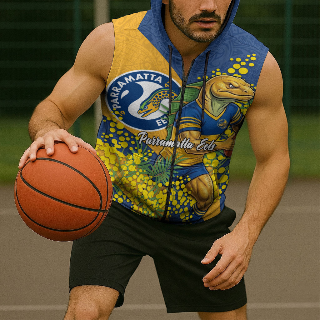 Parramatta Eels Sleeveless Zip Hoodie Golden Wattle Floral Polynesian - Australian Flower - Rugby Mascot