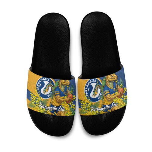 Parramatta Eels Slide Sandals Golden Wattle Floral Polynesian - Australian Flower - Rugby Mascot
