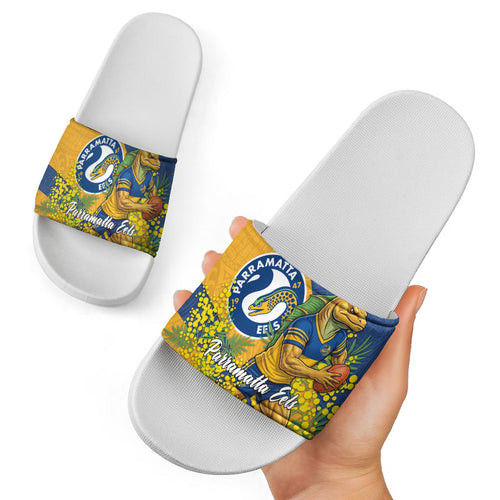 Parramatta Eels Slide Sandals Golden Wattle Floral Polynesian - Australian Flower - Rugby Mascot