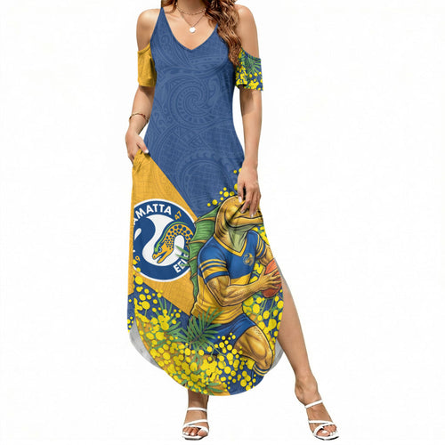 Parramatta Eels Summer Maxi Dress Golden Wattle Floral Polynesian - Australian Flower - Rugby Mascot