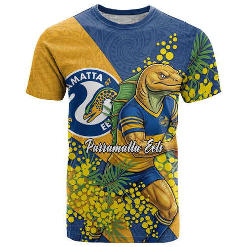 Parramatta Eels T Shirt Golden Wattle Floral Polynesian - Australian Flower - Rugby Mascot