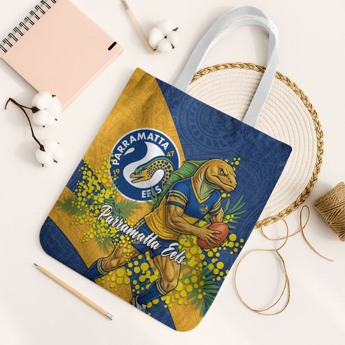 Parramatta Eels Tote Bag Golden Wattle Floral Polynesian - Australian Flower - Rugby Mascot