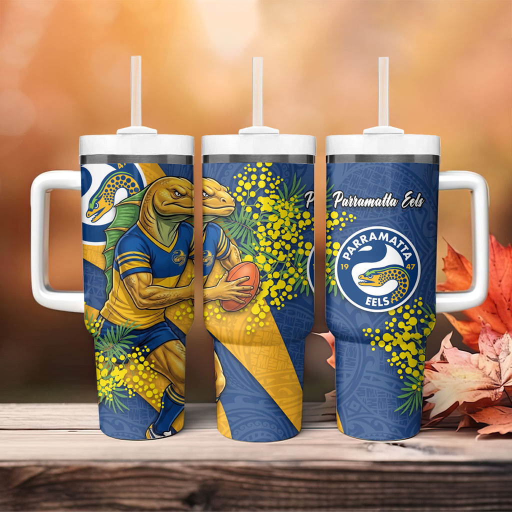 Parramatta Eels Tumbler With Handle Golden Wattle Floral Polynesian - Australian Flower - Rugby Mascot