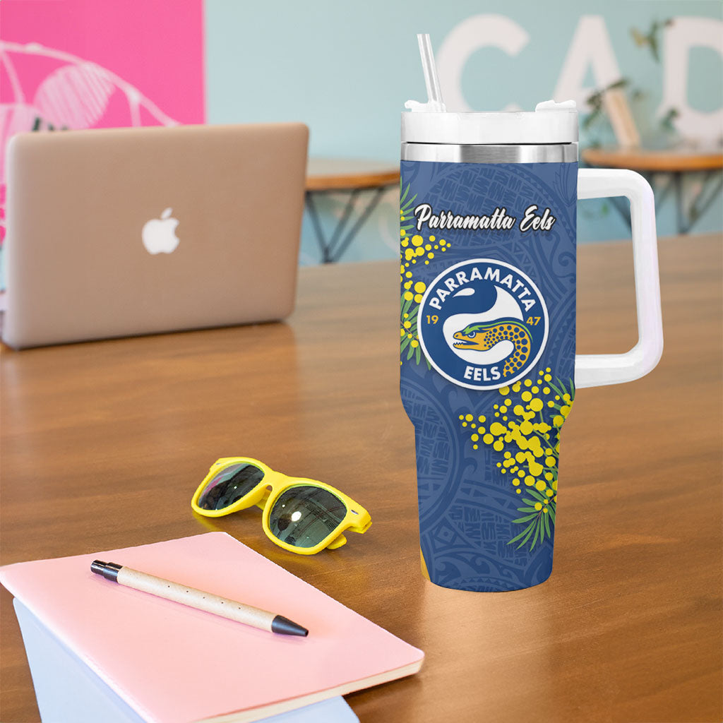Parramatta Eels Tumbler With Handle Golden Wattle Floral Polynesian - Australian Flower - Rugby Mascot