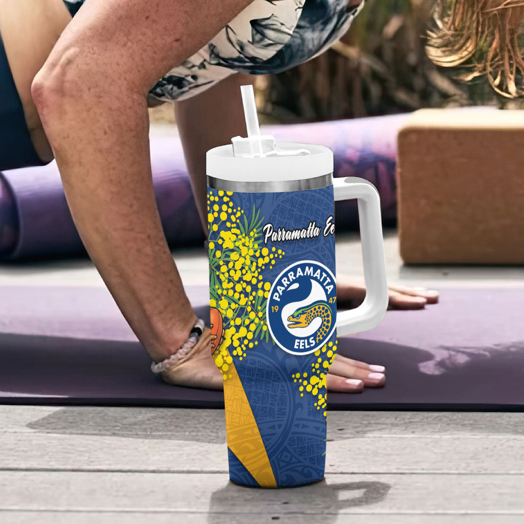 Parramatta Eels Tumbler With Handle Golden Wattle Floral Polynesian - Australian Flower - Rugby Mascot