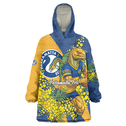 Parramatta Eels Wearable Blanket Hoodie Golden Wattle Floral Polynesian - Australian Flower - Rugby Mascot