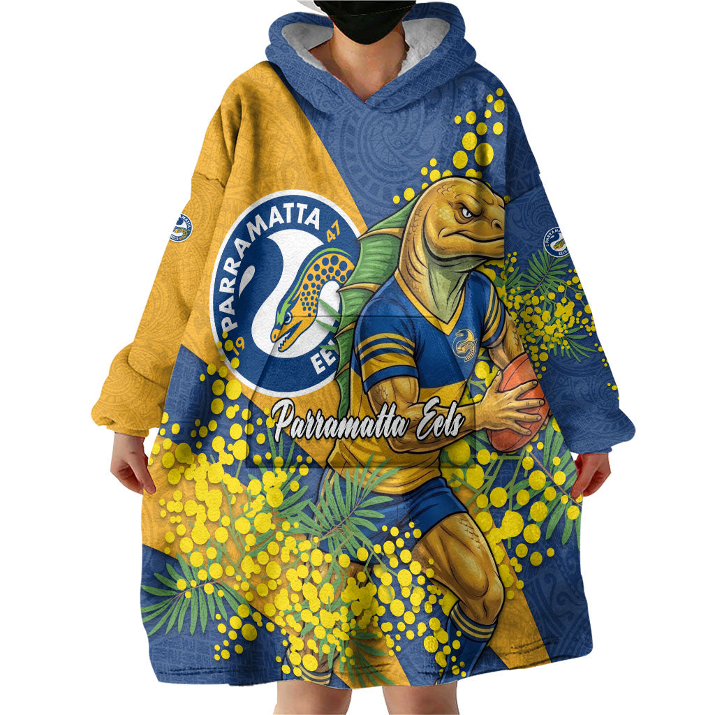Parramatta Eels Wearable Blanket Hoodie Golden Wattle Floral Polynesian - Australian Flower - Rugby Mascot