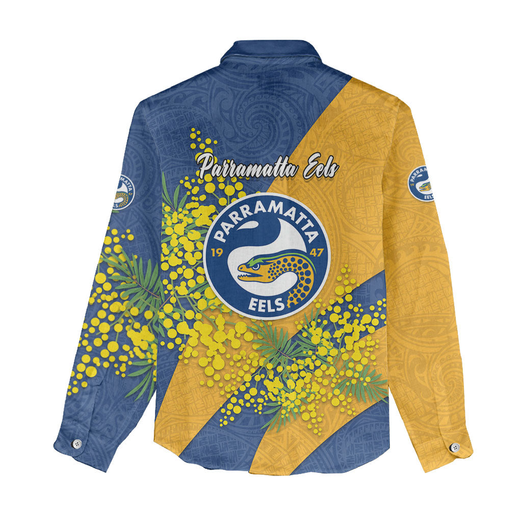 Parramatta Eels Women Casual Shirt Golden Wattle Floral Polynesian - Australian Flower - Rugby Mascot