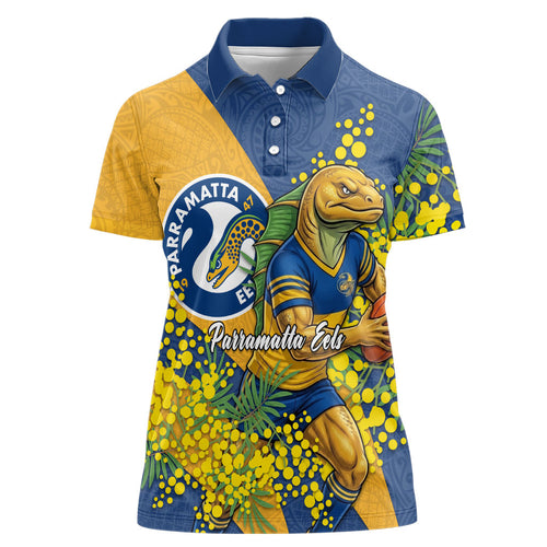 Parramatta Eels Women Polo Shirt Golden Wattle Floral Polynesian - Australian Flower - Rugby Mascot
