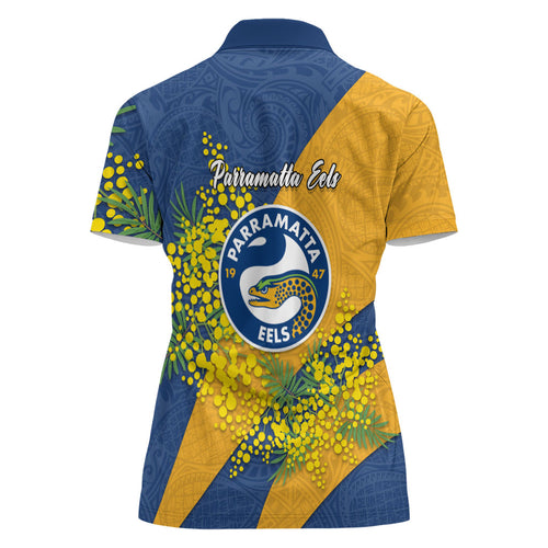 Parramatta Eels Women Polo Shirt Golden Wattle Floral Polynesian - Australian Flower - Rugby Mascot
