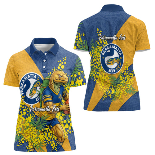 Parramatta Eels Women Polo Shirt Golden Wattle Floral Polynesian - Australian Flower - Rugby Mascot