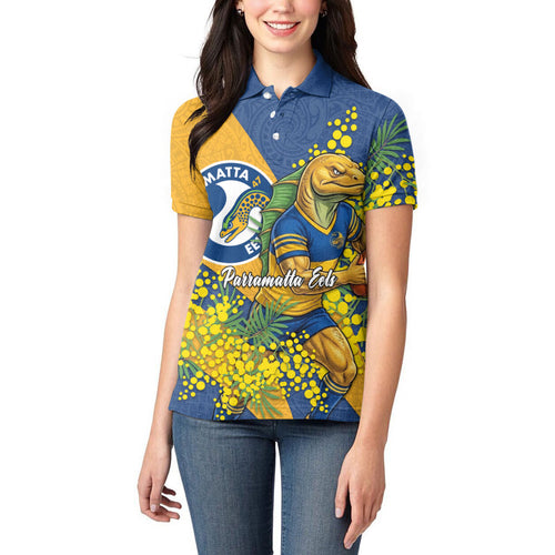 Parramatta Eels Women Polo Shirt Golden Wattle Floral Polynesian - Australian Flower - Rugby Mascot