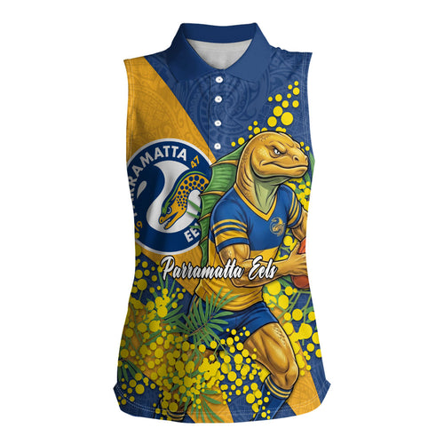 Parramatta Eels Women Sleeveless Polo Shirt Golden Wattle Floral Polynesian - Australian Flower - Rugby Mascot