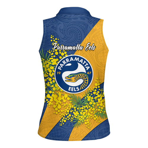 Parramatta Eels Women Sleeveless Polo Shirt Golden Wattle Floral Polynesian - Australian Flower - Rugby Mascot