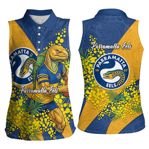 Parramatta Eels Women Sleeveless Polo Shirt Golden Wattle Floral Polynesian - Australian Flower - Rugby Mascot