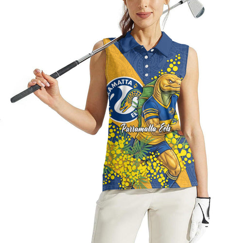 Parramatta Eels Women Sleeveless Polo Shirt Golden Wattle Floral Polynesian - Australian Flower - Rugby Mascot