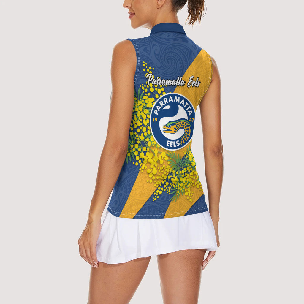 Parramatta Eels Women Sleeveless Polo Shirt Golden Wattle Floral Polynesian - Australian Flower - Rugby Mascot