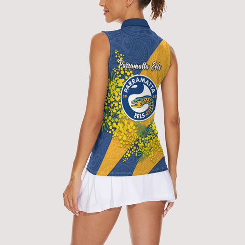 Parramatta Eels Women Sleeveless Polo Shirt Golden Wattle Floral Polynesian - Australian Flower - Rugby Mascot