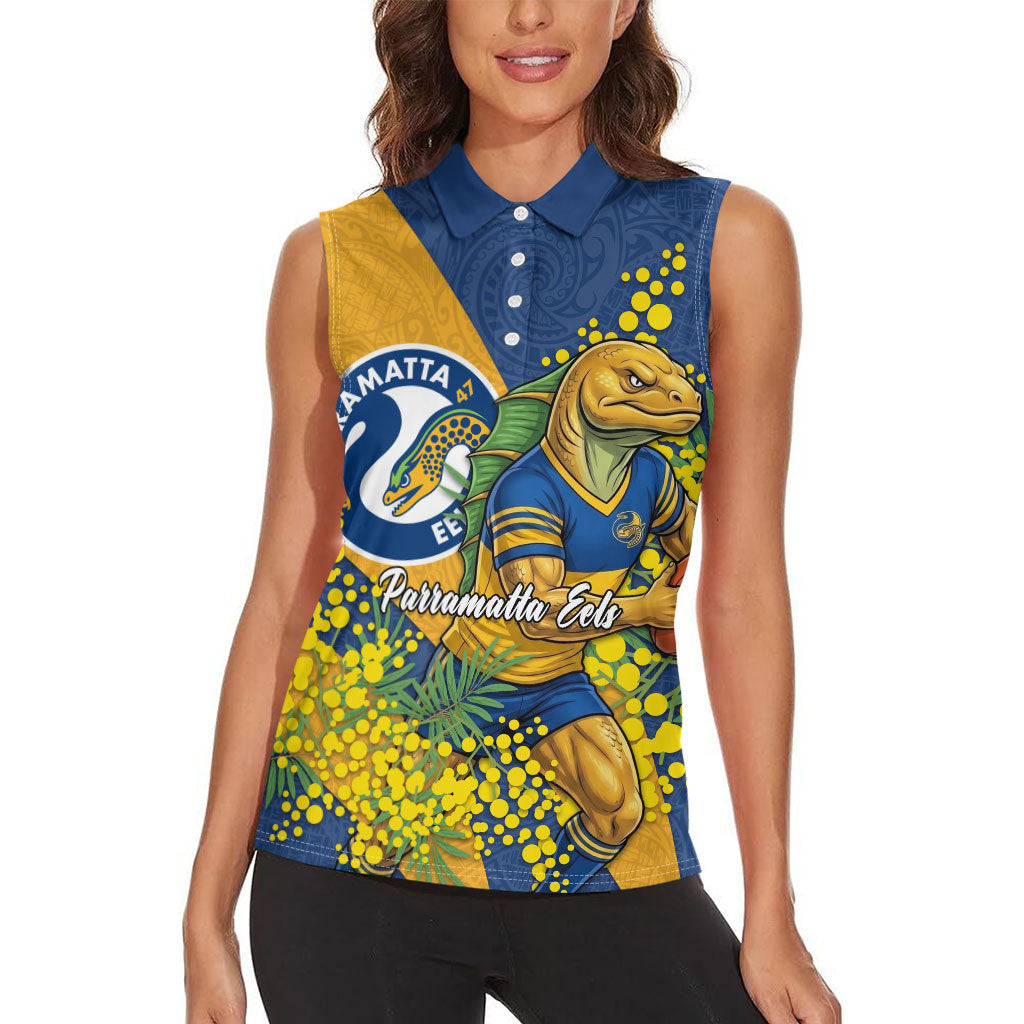 Parramatta Eels Women Sleeveless Polo Shirt Golden Wattle Floral Polynesian - Australian Flower - Rugby Mascot