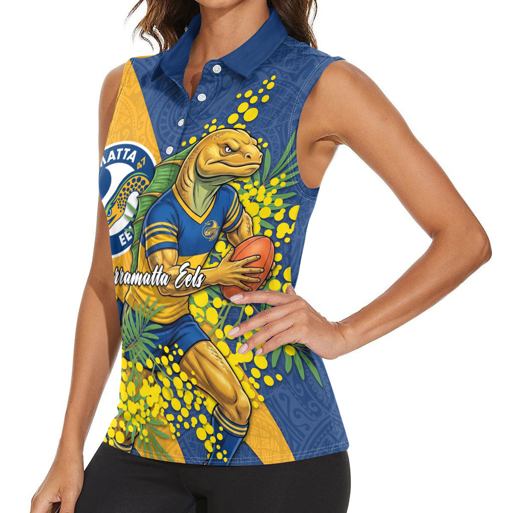 Parramatta Eels Women Sleeveless Polo Shirt Golden Wattle Floral Polynesian - Australian Flower - Rugby Mascot