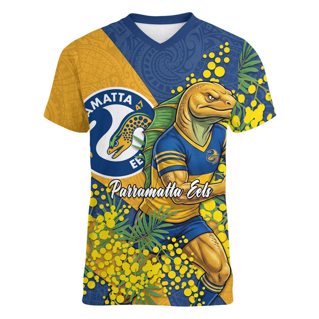 Parramatta Eels Women V-Neck T-Shirt Golden Wattle Floral Polynesian - Australian Flower - Rugby Mascot