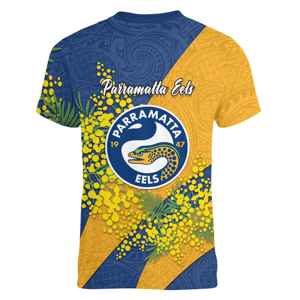 Parramatta Eels Women V-Neck T-Shirt Golden Wattle Floral Polynesian - Australian Flower - Rugby Mascot