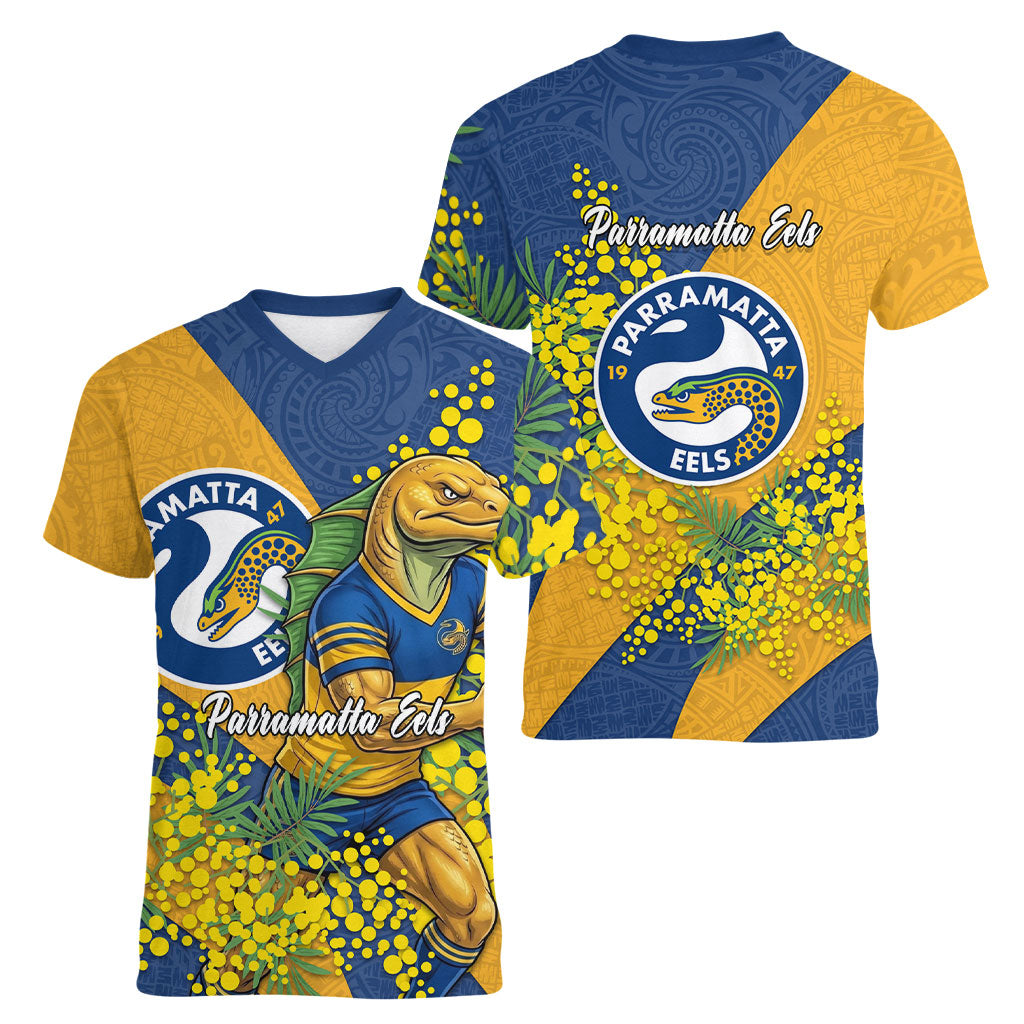 Parramatta Eels Women V-Neck T-Shirt Golden Wattle Floral Polynesian - Australian Flower - Rugby Mascot