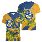 Parramatta Eels Women V-Neck T-Shirt Golden Wattle Floral Polynesian - Australian Flower - Rugby Mascot