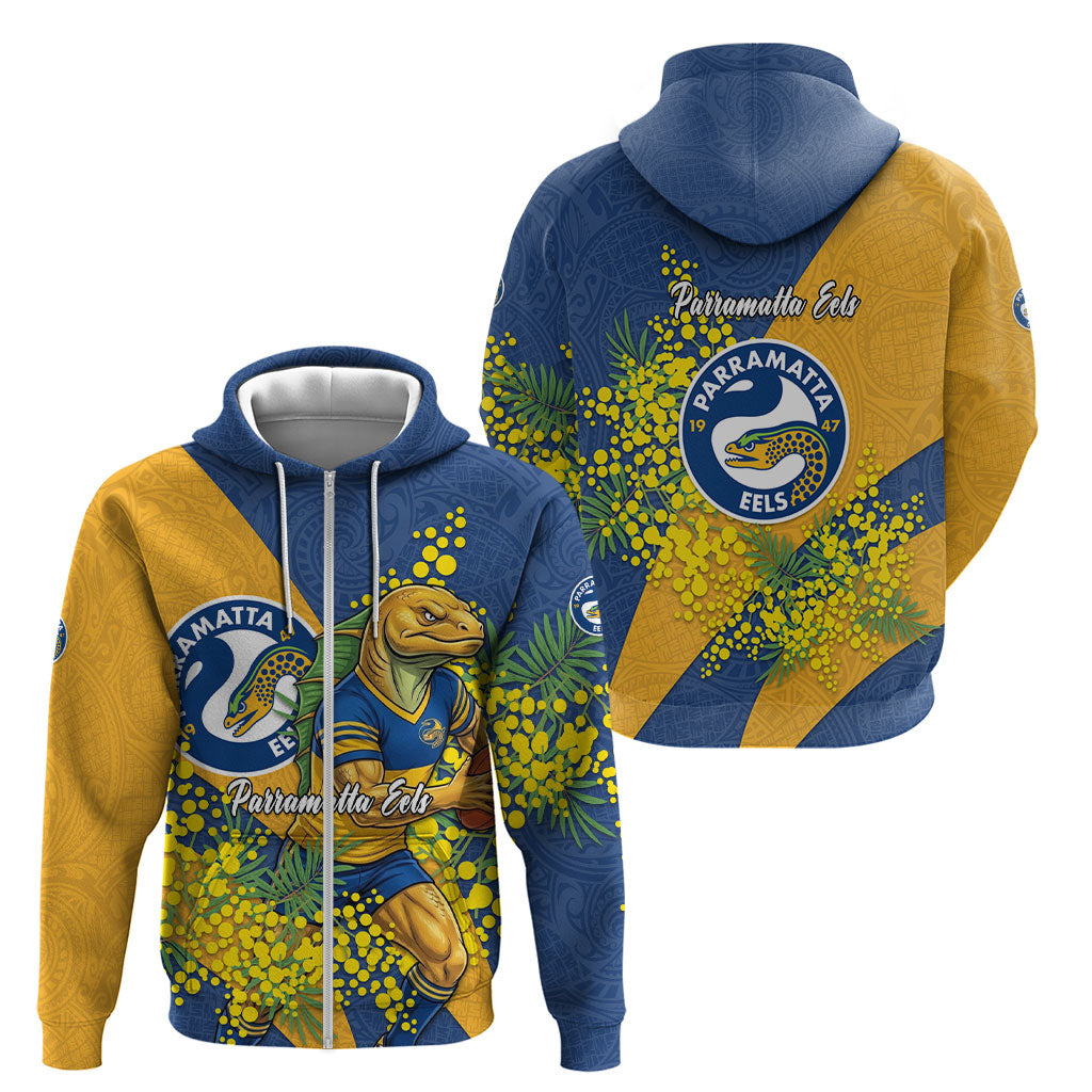 Parramatta Eels Zip Hoodie Golden Wattle Floral Polynesian - Australian Flower - Rugby Mascot