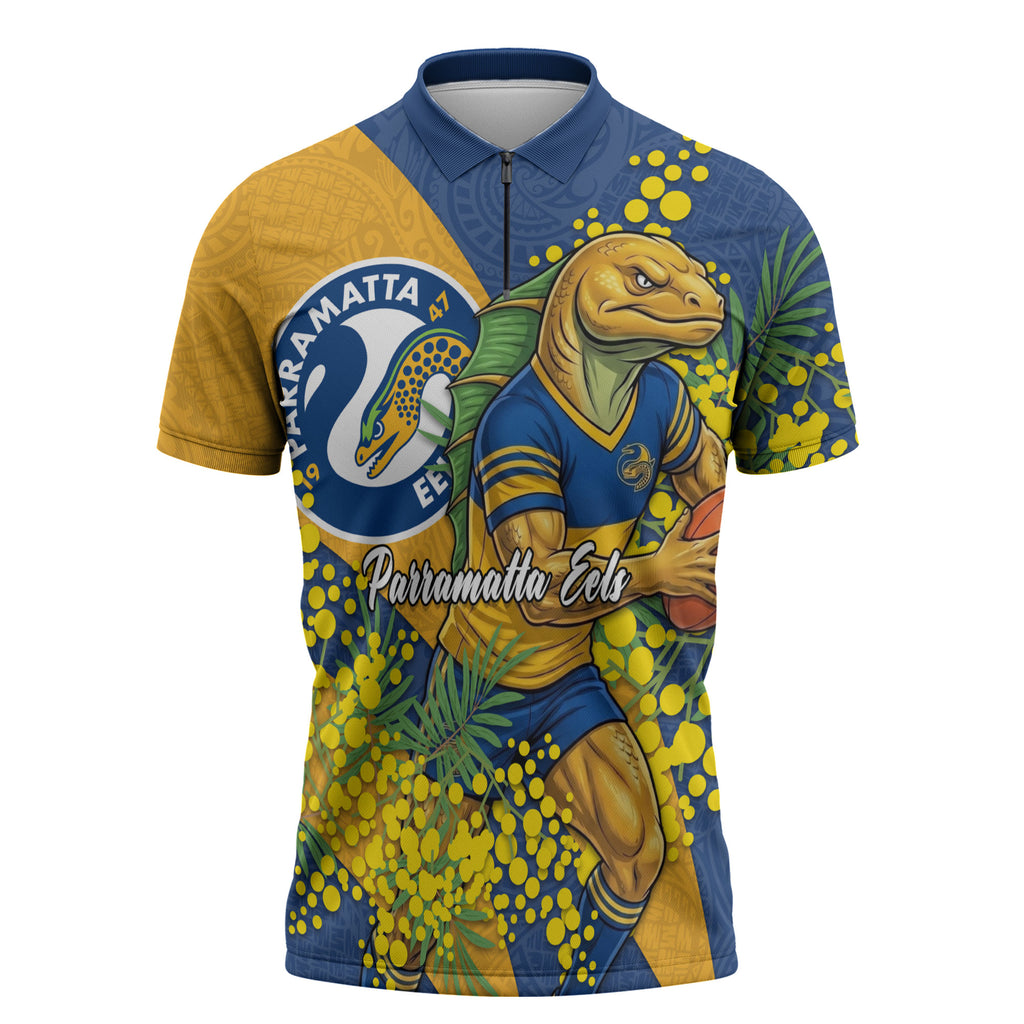 Parramatta Eels Zipper Polo Shirt Golden Wattle Floral Polynesian - Australian Flower - Rugby Mascot
