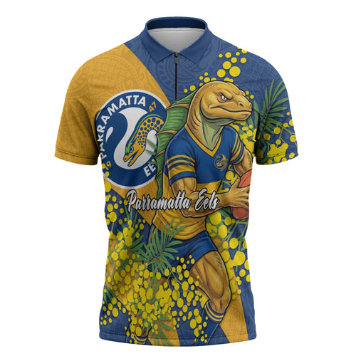 Parramatta Eels Zipper Polo Shirt Golden Wattle Floral Polynesian - Australian Flower - Rugby Mascot